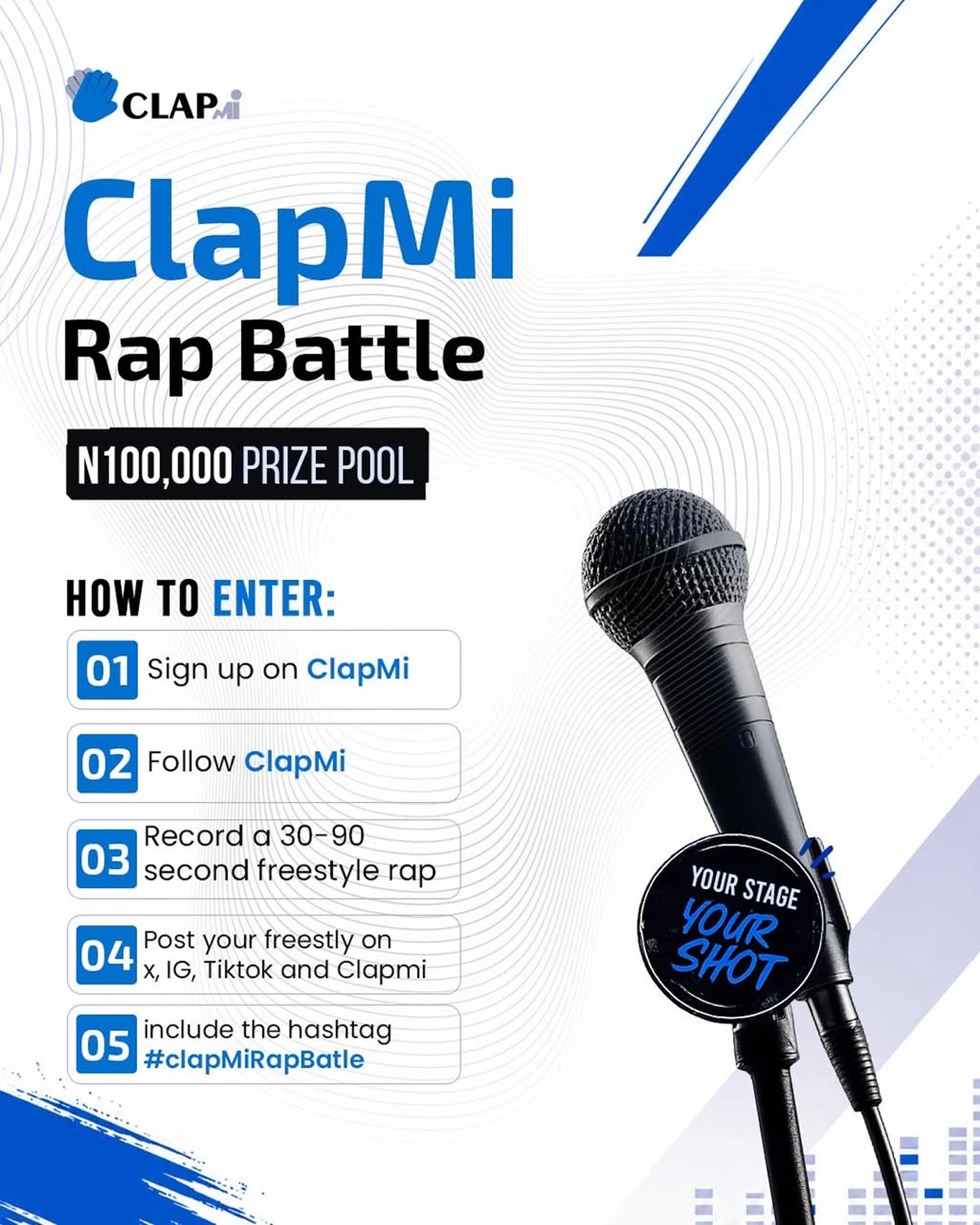 ClapMi Rap Battle key art showing the ₦100,000 prize pool and how to enter